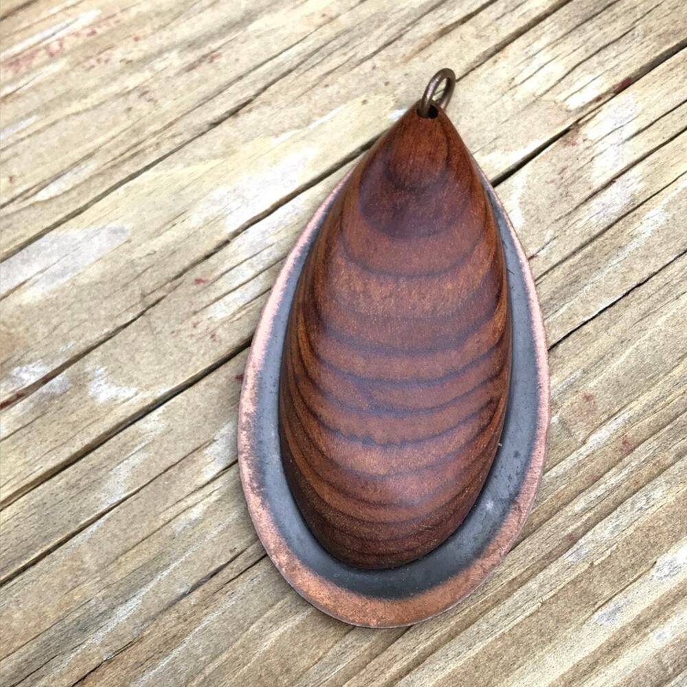 Large copper and wood teardrop pendant